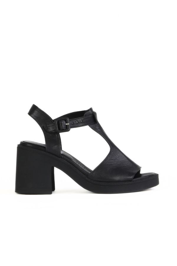 Siyah Deri Kadın Topuklu Sandalet