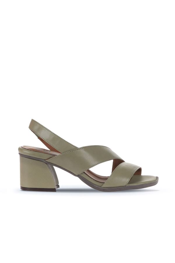 Haki Deri Kadın Topuklu Sandalet
