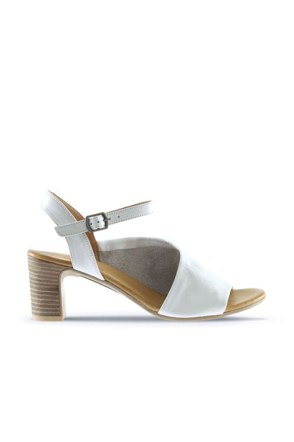 Beyaz Deri Kadın Topuklu Sandalet