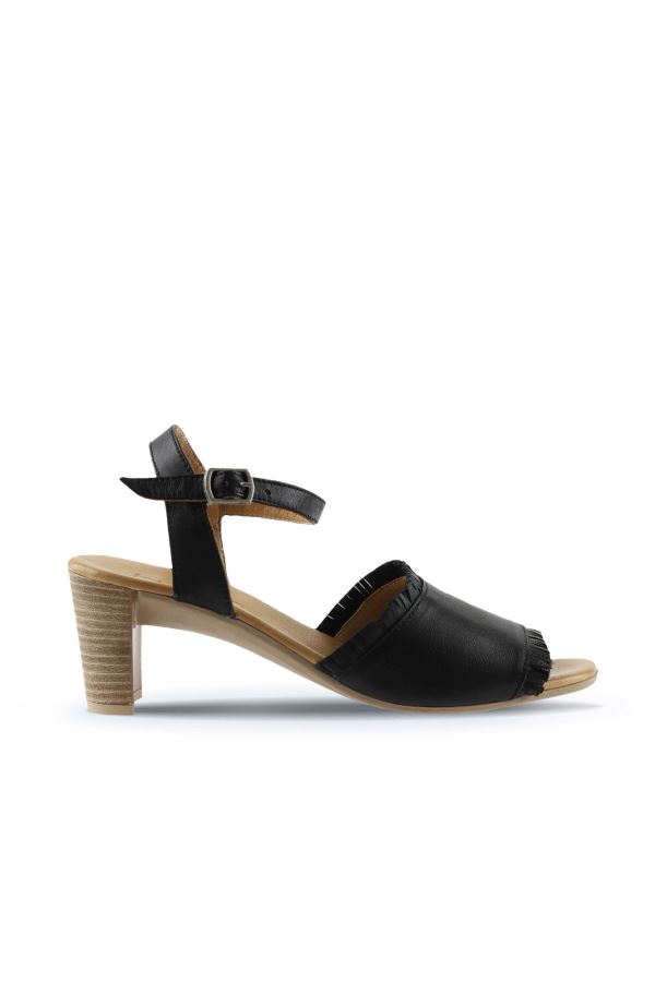Siyah Deri Kadın Topuklu Sandalet