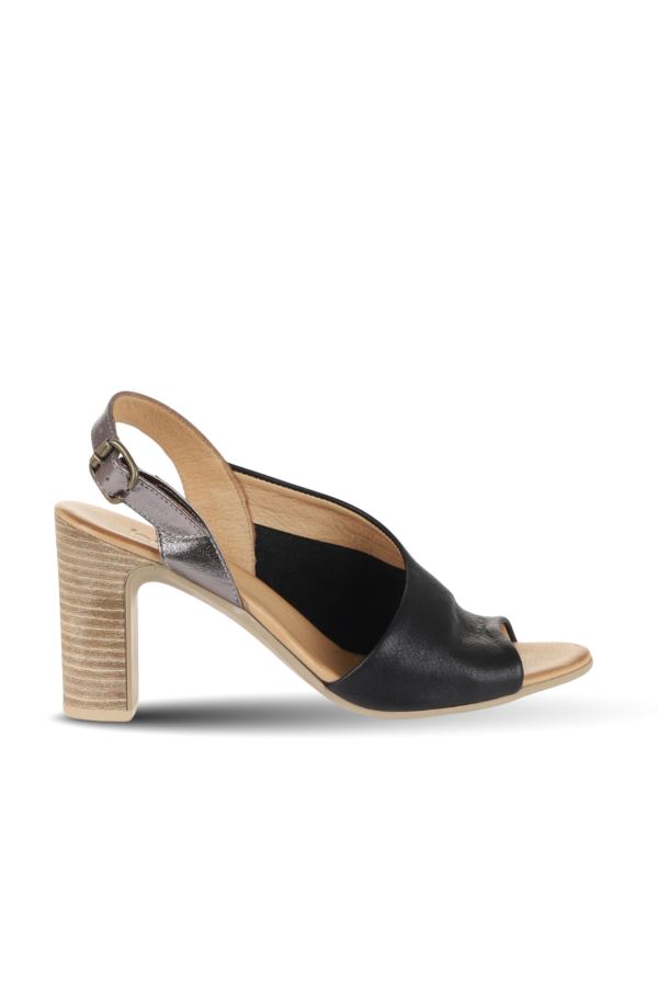 Siyah Deri Kadın Topuklu Sandalet 