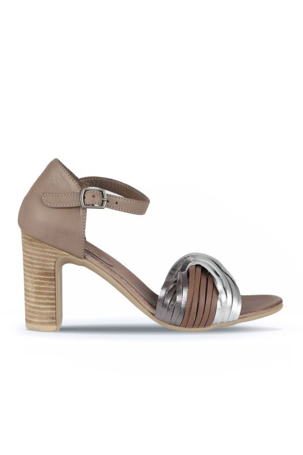 Gümüş Multi Deri Kadın Topuklu Sandalet