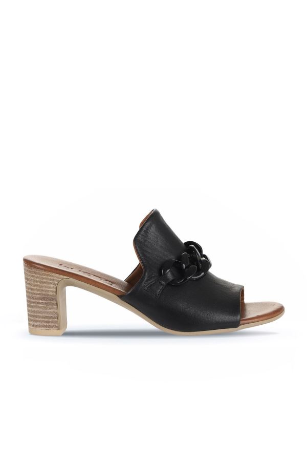 Siyah Khv-Bej Deri Kadın Topuklu Terlik