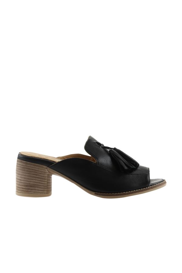 Siyah Deri Kadın Topuklu Terlik 