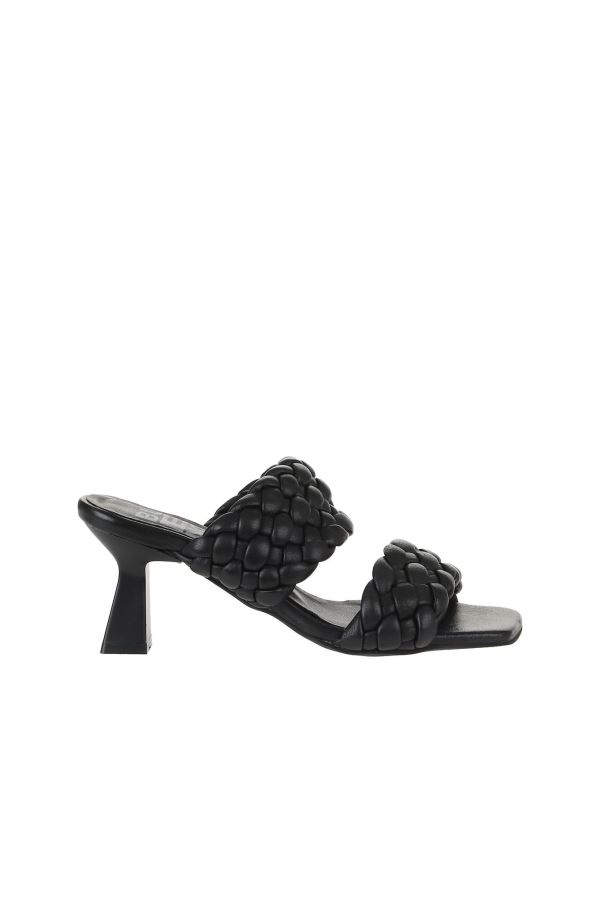 Siyah Deri Kadın Topuklu Terlik