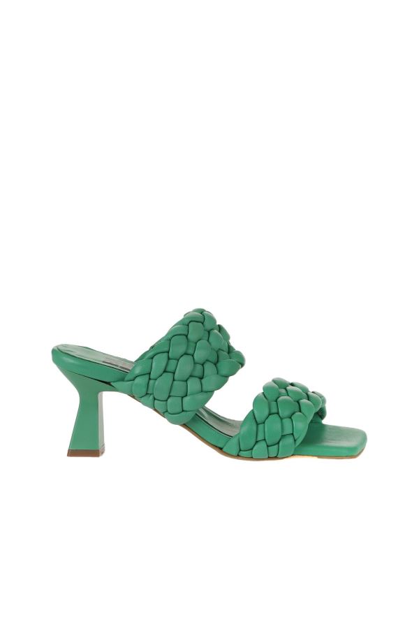 Yeşil Koyu Deri Kadın Topuklu Terlik