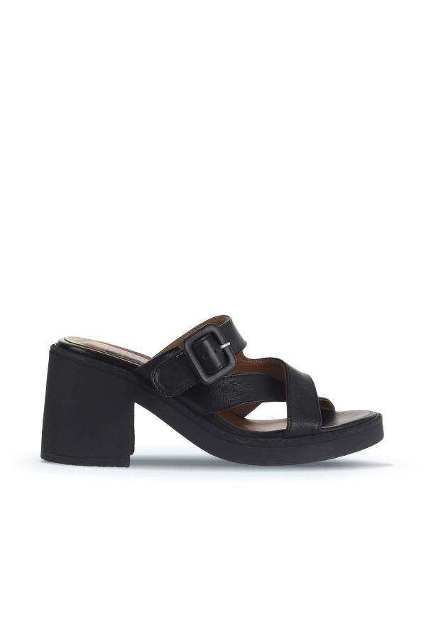 Siyah Khv Deri Kadın Topuklu Terlik