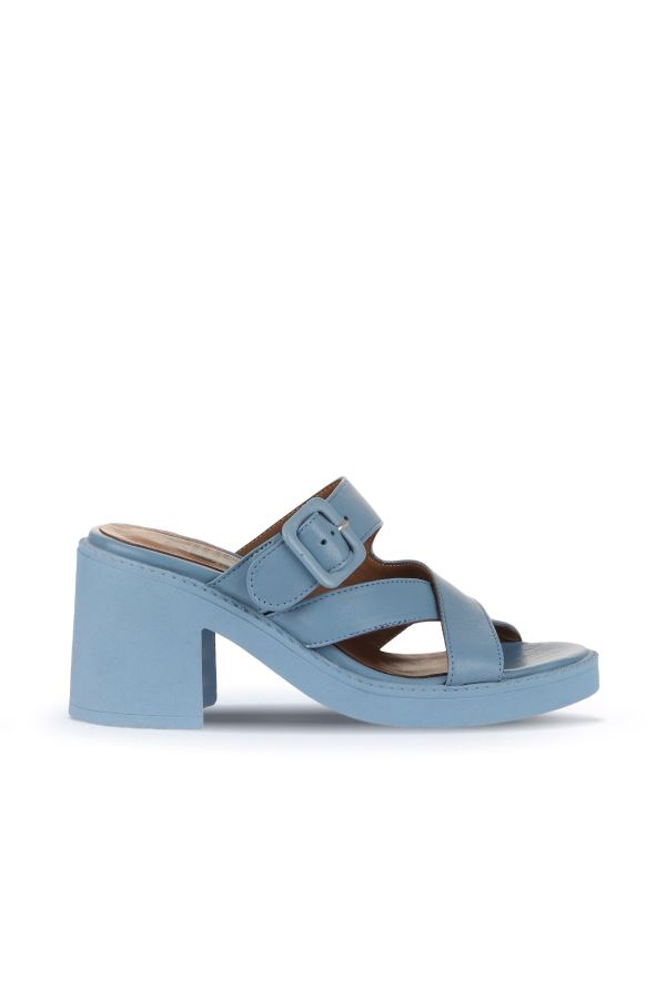 Mavi Deri Kadın Topuklu Terlik