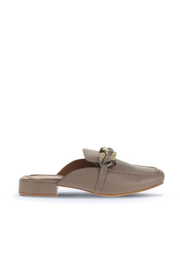 Gri Deri Kadın Topuklu Terlik